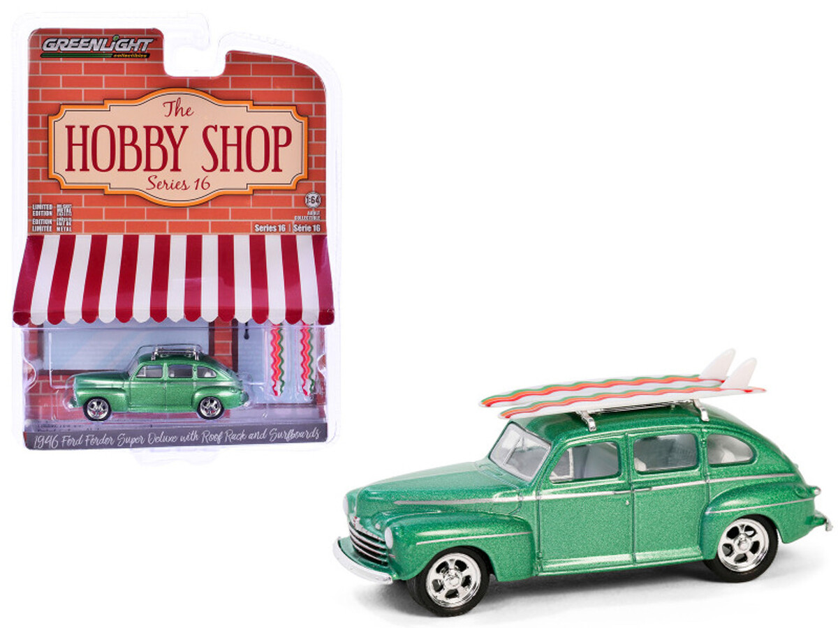 Greenlight - Greenlight 1/64 The Hobby Shop Series 16 - 1946 Ford Fordor Super Deluxe Green Metallic with White Interior and Roof Rack with Surfboards 97160-A Greenlight - Greenlight 1/64 The Hobby Shop Series 16 - 1946 Ford Fordor Super Deluxe Green Metallic with White Interior and Roof Rack with Surfboards 97160-A