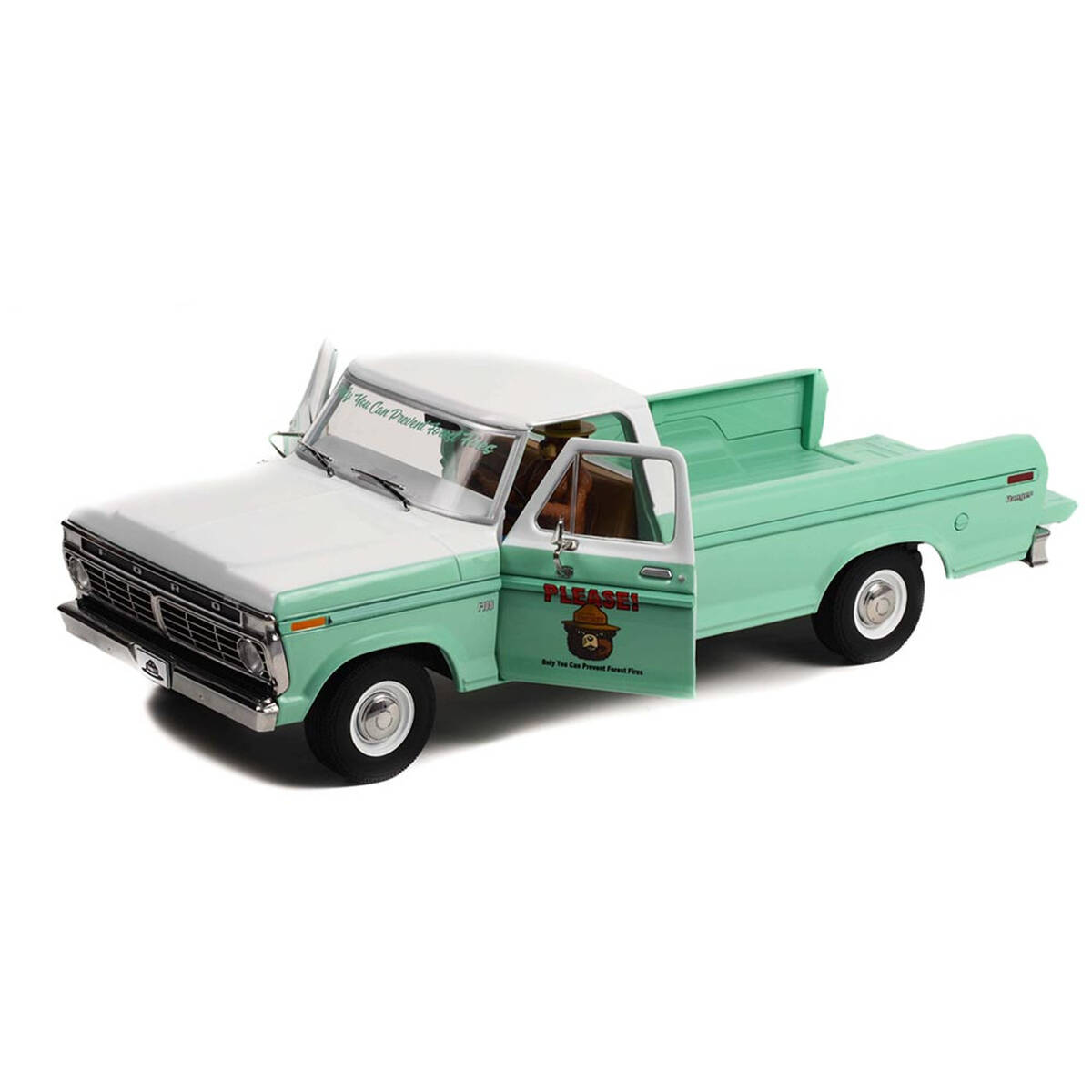 Greenlight 1:18 1975 Ford F-100 - Forest Service Green with Smokey Bear Figure 