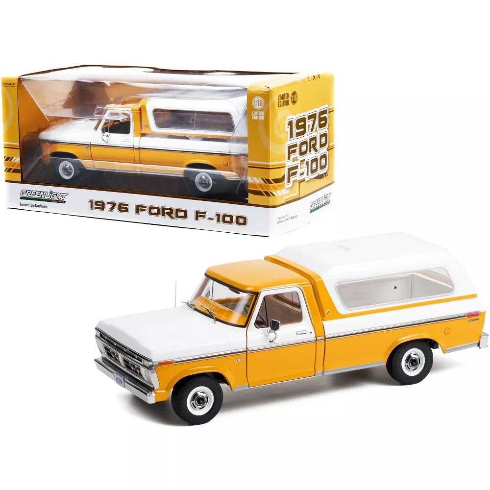 Greenlight 1:18 1976 Ford F-100 - Chrome Yellow with Wimbledon White Combination Tu-Tone and Deluxe Box Cover 13621