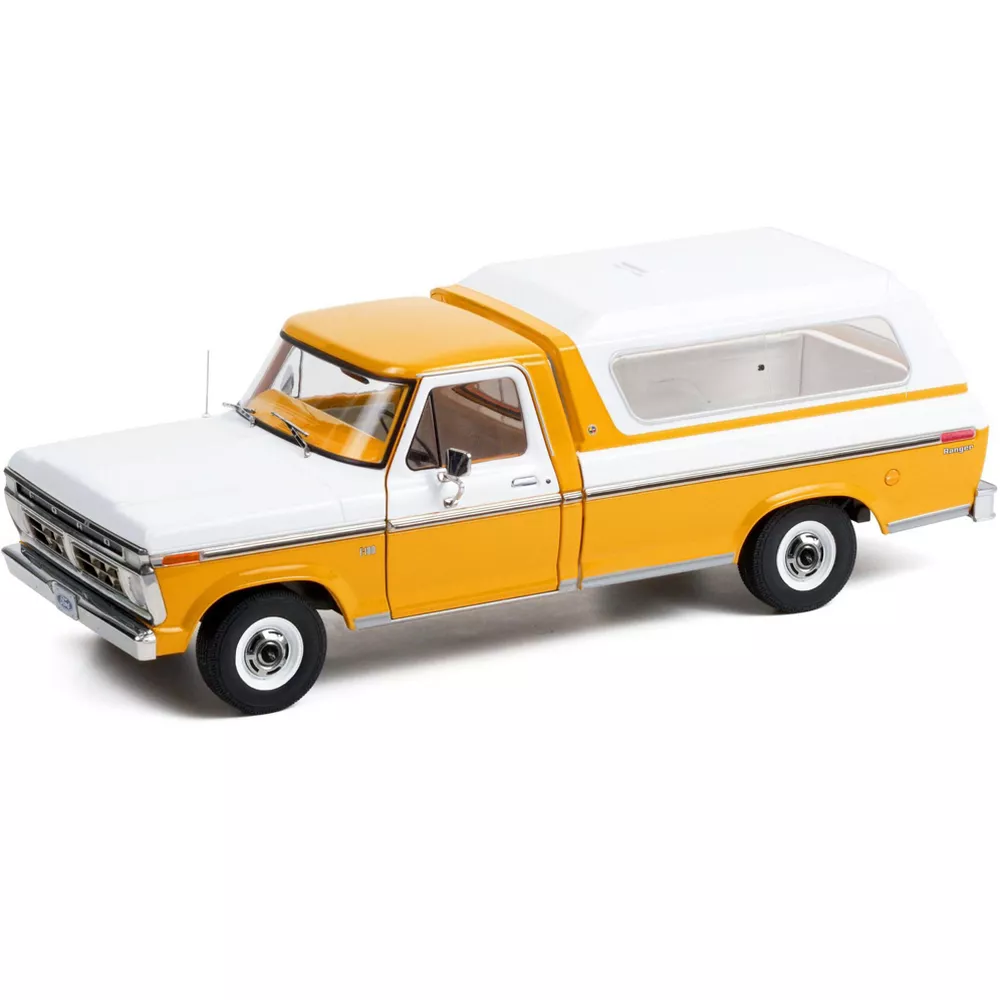 Greenlight 1:18 1976 Ford F-100 - Chrome Yellow with Wimbledon White Combination Tu-Tone and Deluxe Box Cover 13621 - Thumbnail