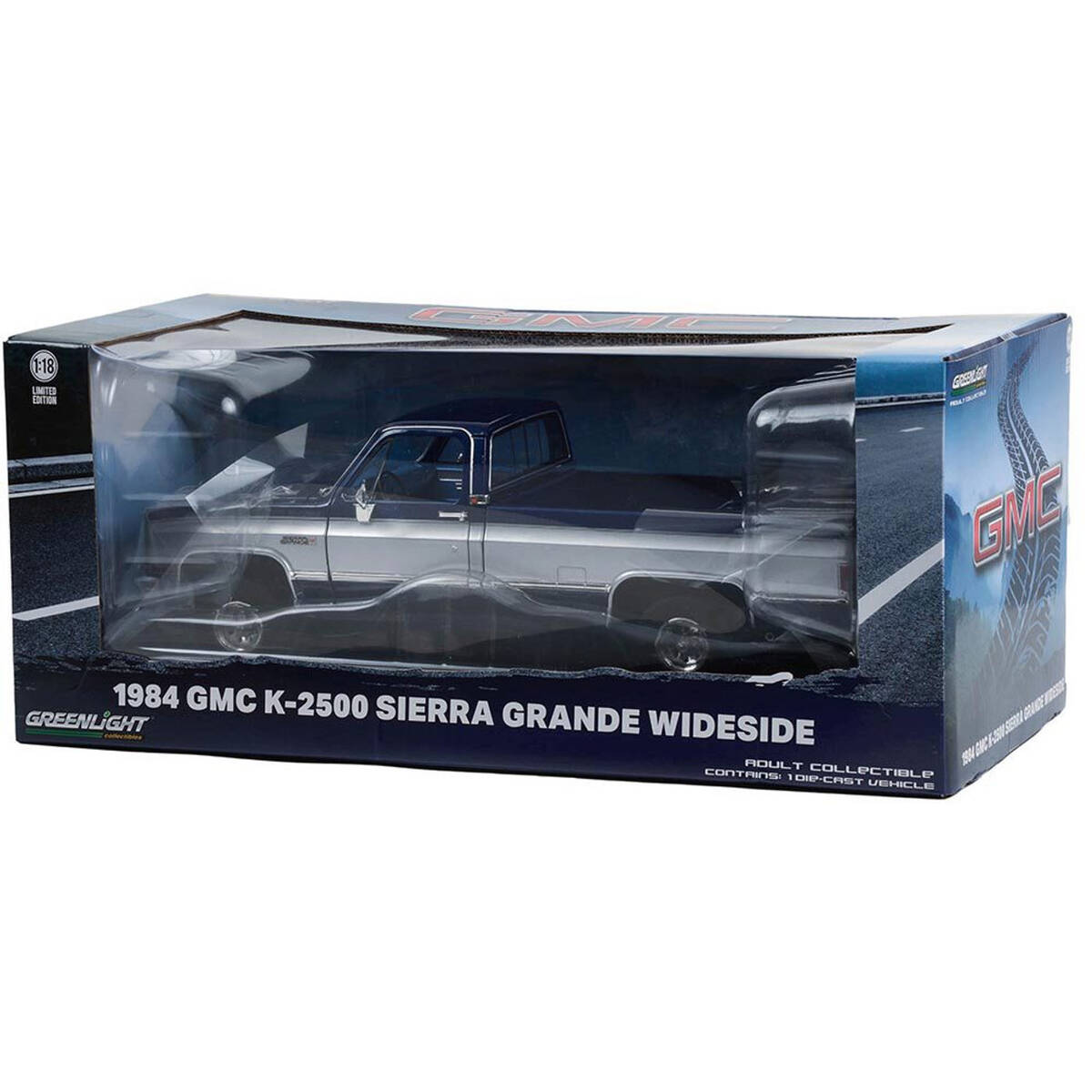 Greenlight 1:18 1984 GMC K-2500 Sierra Grande Wideside - Dark Blue Metallic and Silver 13659