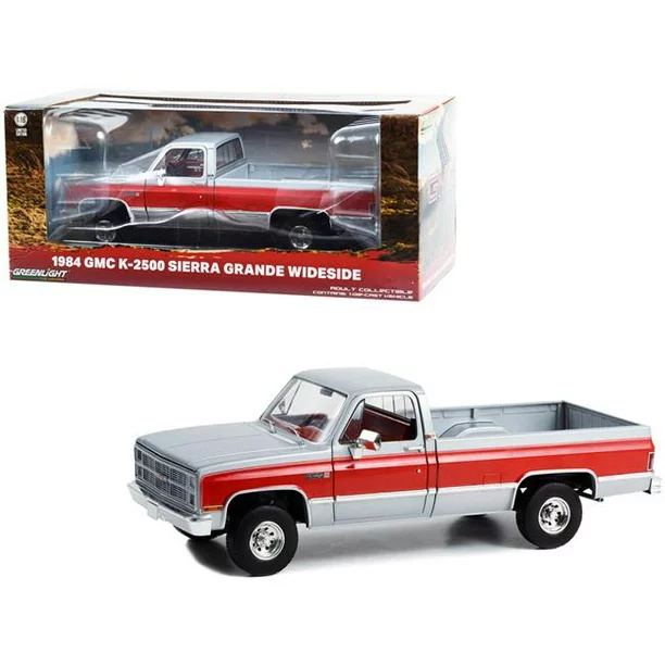 Greenlight 1:18 1984 GMC K-2500 Sierra Grande Wideside - Silver Metallic and Red 13660 - Thumbnail