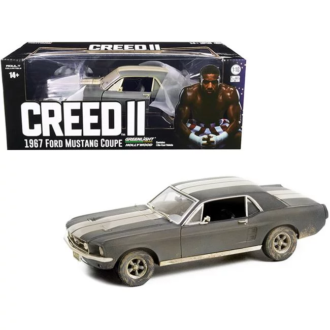 Greenlight 1:18 Creed II (2018) - Adonis Creed's 1967 Ford Mustang Coupe - Matte Black with White Stripes (Weathered) 13626 - Thumbnail