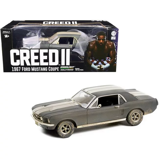 Greenlight 1:18 Creed II (2018) - Adonis Creed's 1967 Ford Mustang Coupe - Matte Black with White Stripes (Weathered) 13626