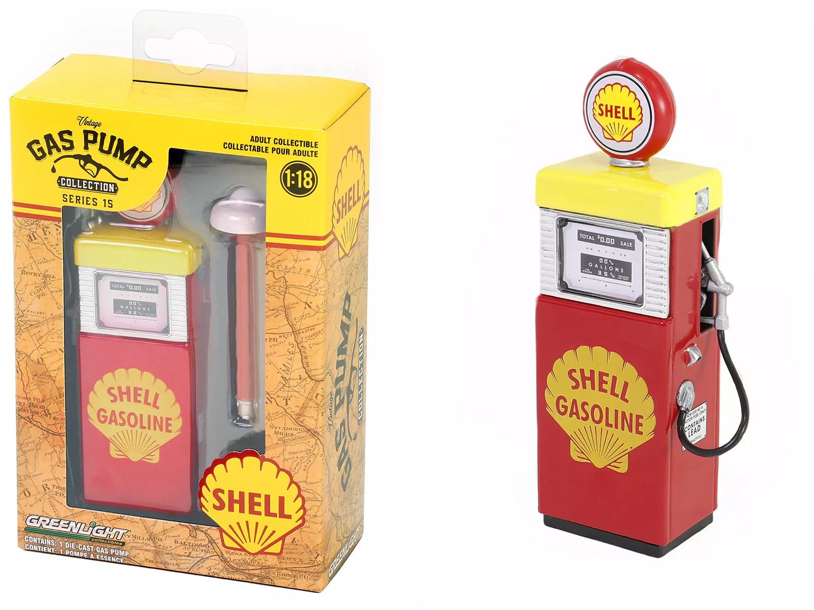Greenlight 1/18 Vintage Gas Pumps Series 15- Shell Gasoline - 1951 Wayne 505 Gas Pump with Pump Light 14150-A