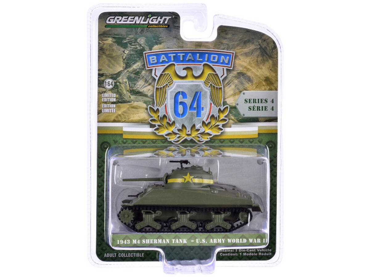 Greenlight 1/64 Battalion 64 Series 4- 1943 M4 Sherman Tank US Army World War II - 13th Armored Regiment, 1st Armored Division - Tunisia, March 1943 61040-C