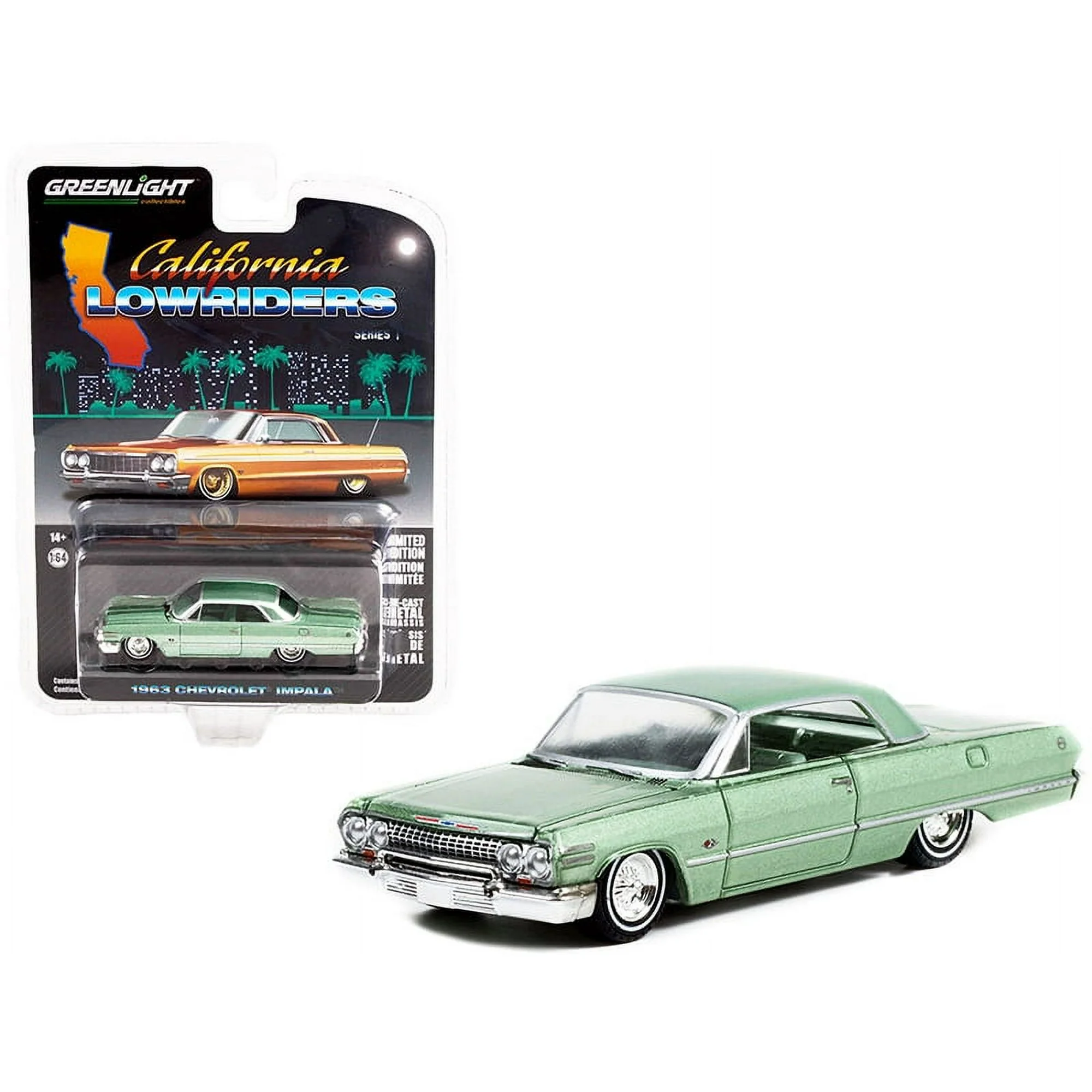 Greenlight 1/64 California Lowriders Series 1 - 1963 Chevrolet Impala Lowrider - Custom Light Green Solid Pack 63010-B