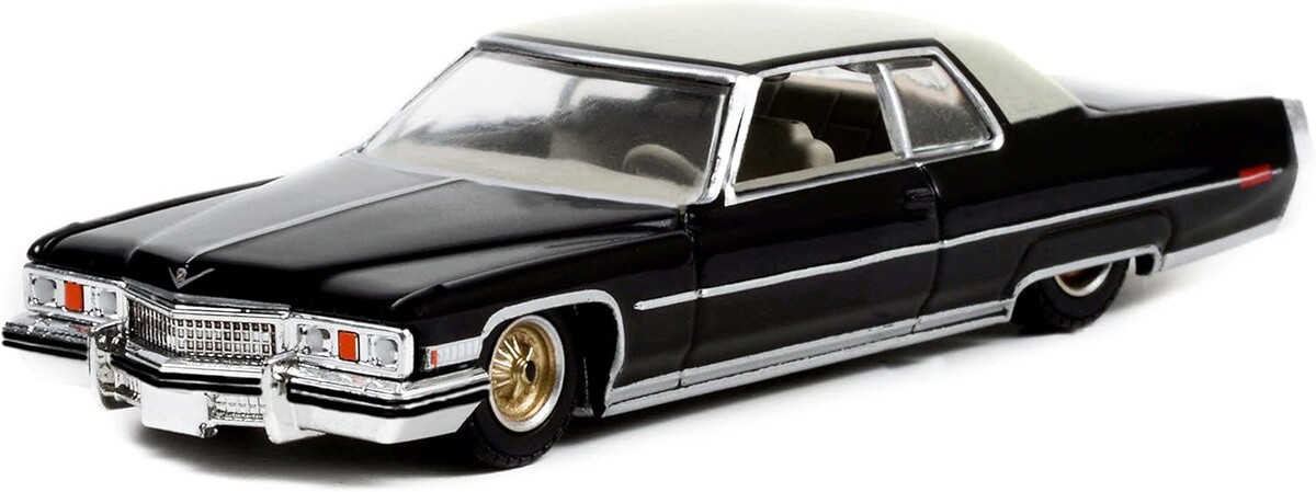 Greenlight 1/64 California Lowriders Series 1 - 1973 Cadillac Coupe deVille - Black with Gold Wheels Solid Pack 63010-E - Thumbnail
