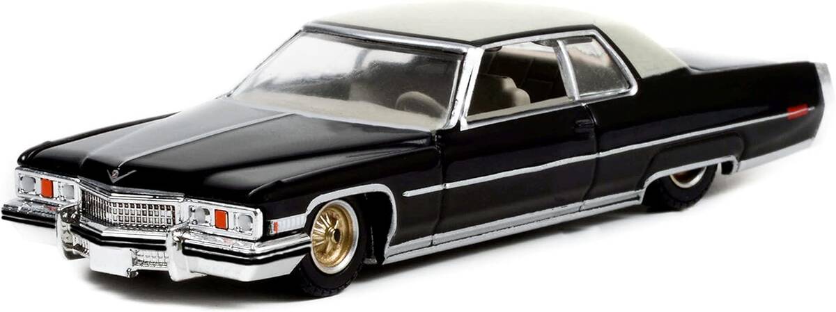 Greenlight 1/64 California Lowriders Series 1 - 1973 Cadillac Coupe deVille - Black with Gold Wheels Solid Pack 63010-E