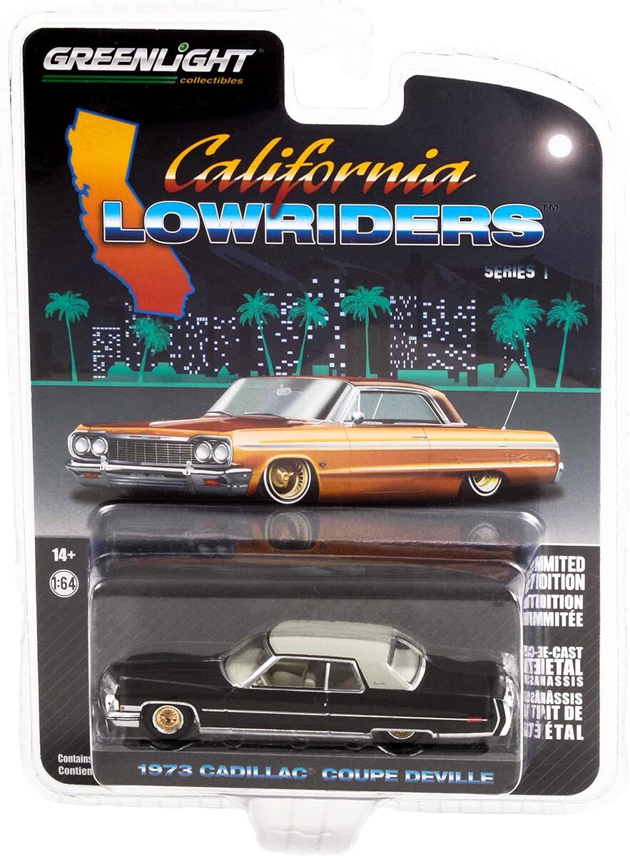 Greenlight 1/64 California Lowriders Series 1 - 1973 Cadillac Coupe deVille - Black with Gold Wheels Solid Pack 63010-E - Thumbnail