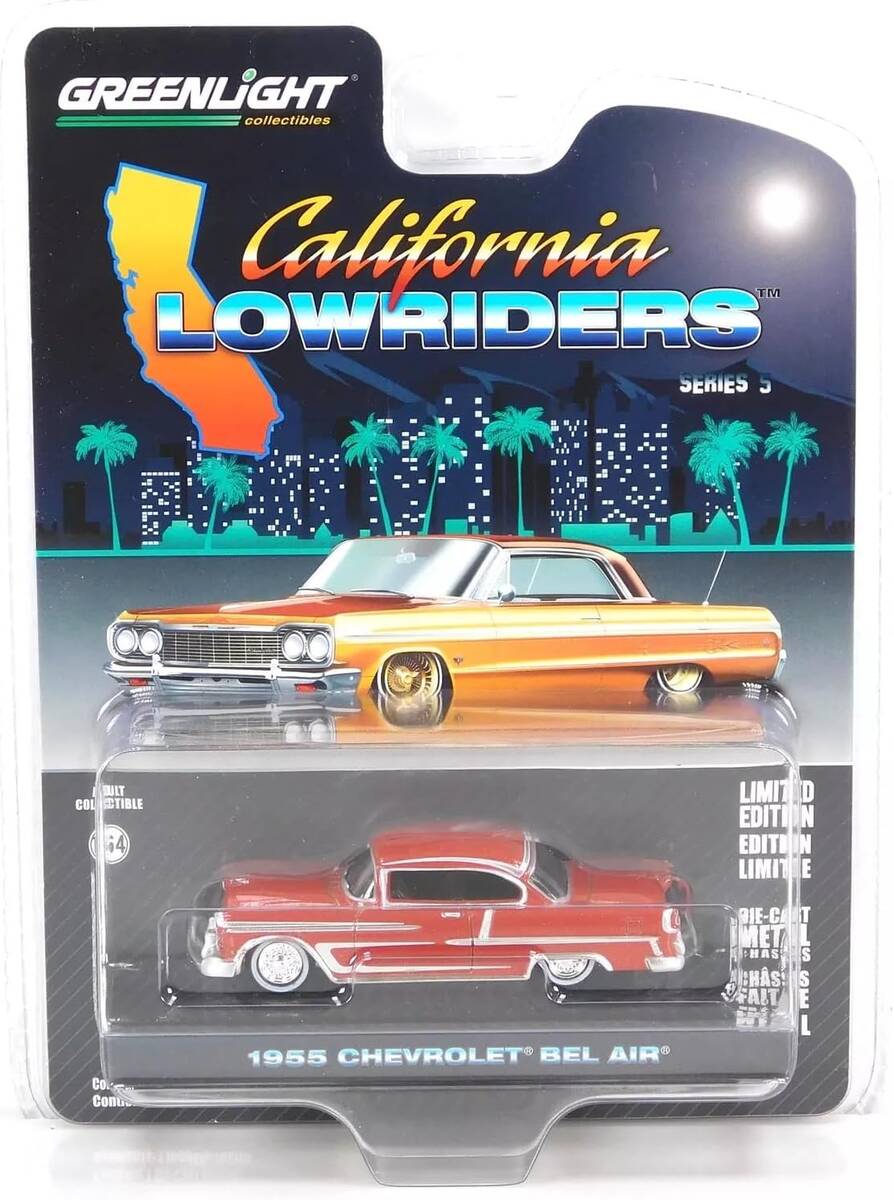 Greenlight 1/64 California Lowriders Series 5 - 1955 Chevrolet Bel Air – Red and Silver Solid Pack 63060-B