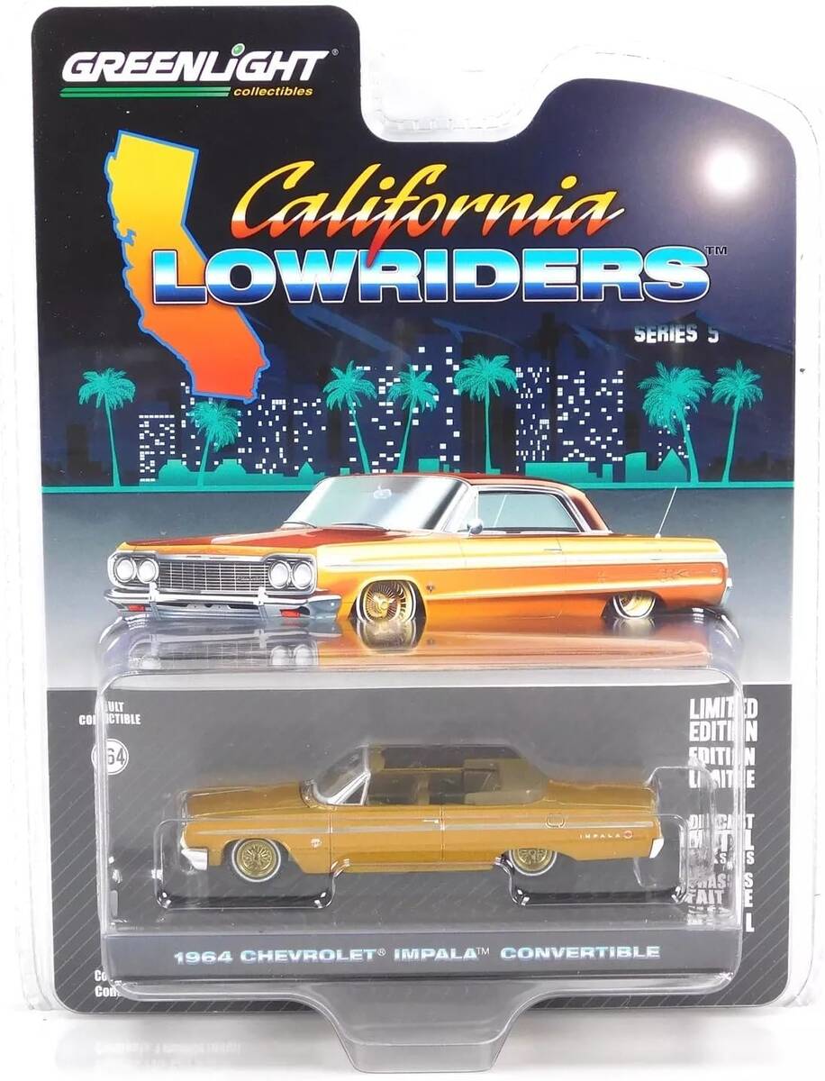 Greenlight 1/64 California Lowriders Series 5 - 1964 Chevrolet Impala Convertible – Gold Solid Pack 63060-D