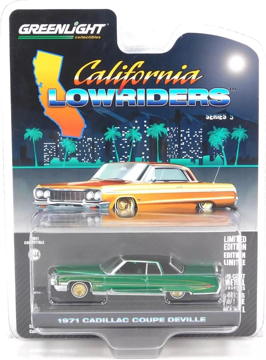 Greenlight 1/64 California Lowriders Series 5 - 1971 Cadillac Coupe DeVille – Green and Gold Solid Pack 63060-E - Thumbnail