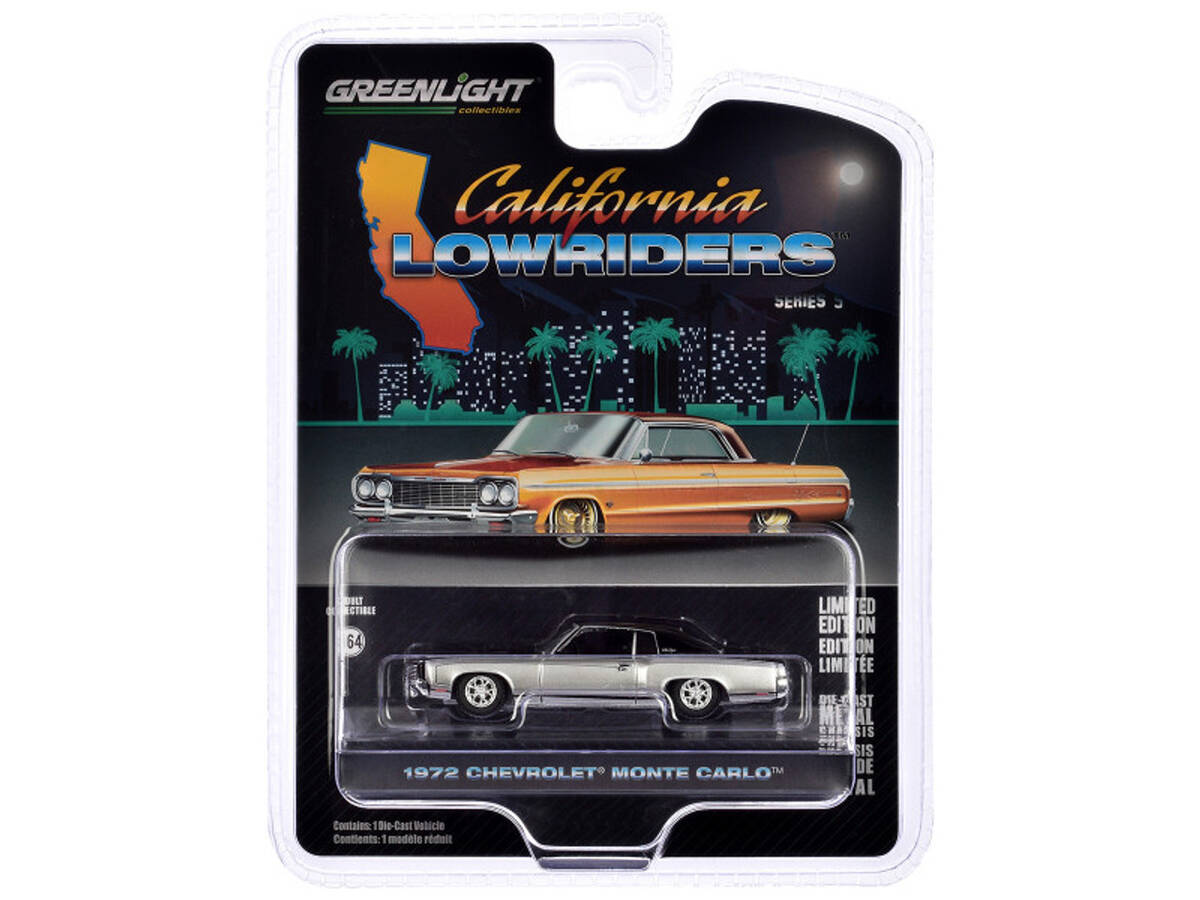 Greenlight 1/64 California Lowriders Series 5 - 1972 Chevrolet Monte Carlo – Silver and Black Solid Pack 63060-F