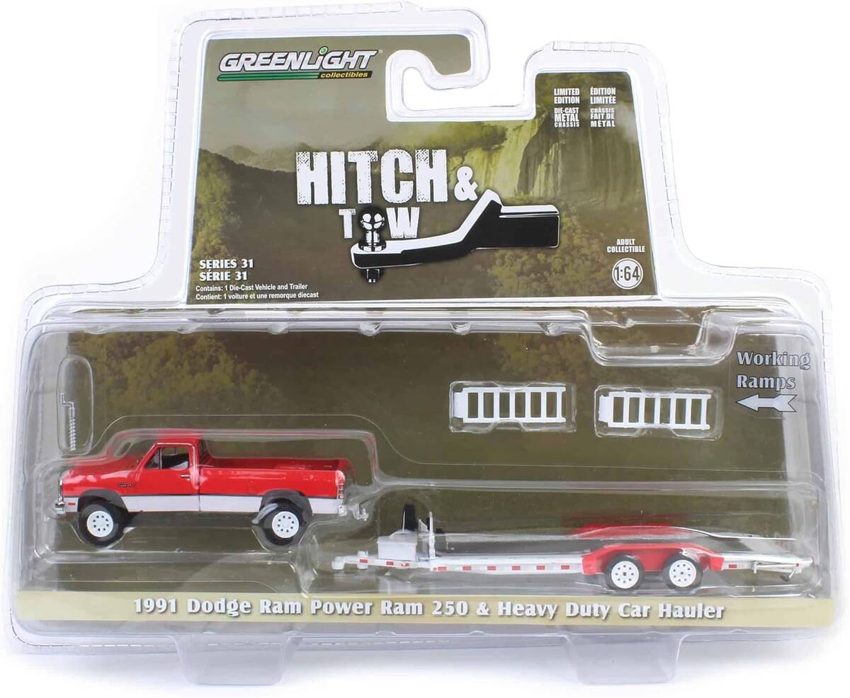 Greenlight 1/64 Hitch & Tow Series 31 - 1991 Dodge Ram Power Ram 250 with Heavy Duty Car Hauler in Red and White 32310-D
