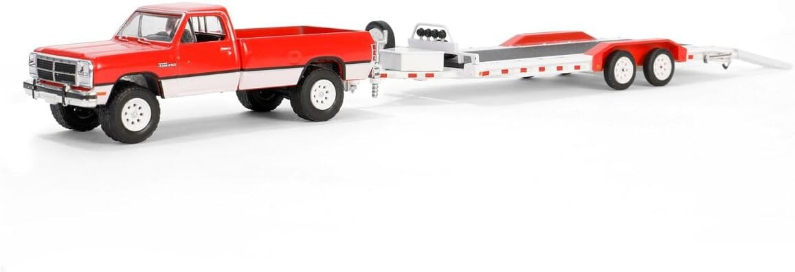 Greenlight 1/64 Hitch & Tow Series 31 - 1991 Dodge Ram Power Ram 250 with Heavy Duty Car Hauler in Red and White 32310-D - Thumbnail
