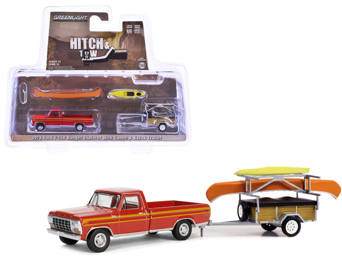 Greenlight 1/64 Hitch & Tow Series 31 - 1978 Ford F-150 Ranger Explorer in Maroon and Orange Explorer Stripes with Canoe Trailer and Canoe Rack 32310-B - Thumbnail