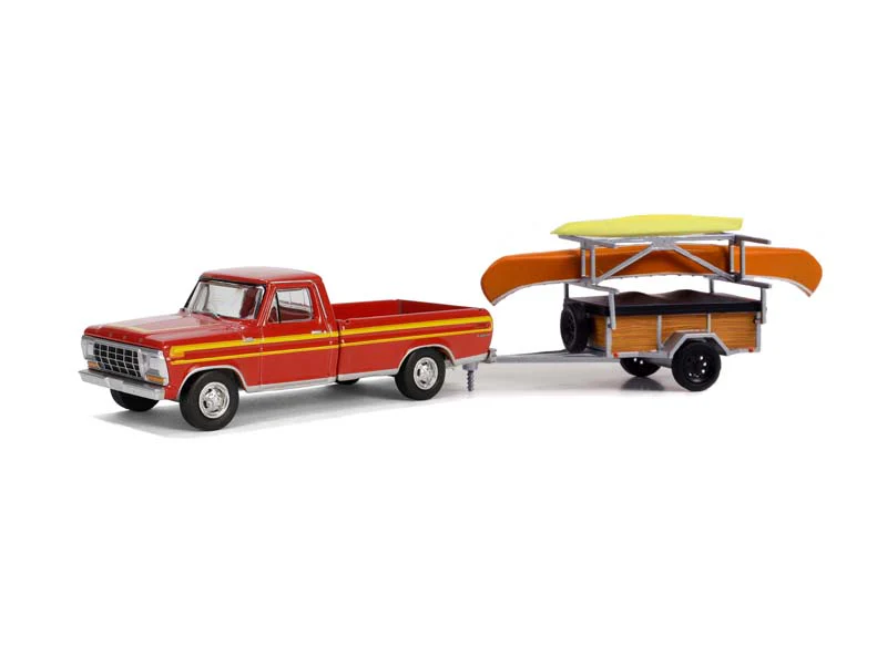 Greenlight 1/64 Hitch & Tow Series 31 - 1978 Ford F-150 Ranger Explorer in Maroon and Orange Explorer Stripes with Canoe Trailer and Canoe Rack 32310-B