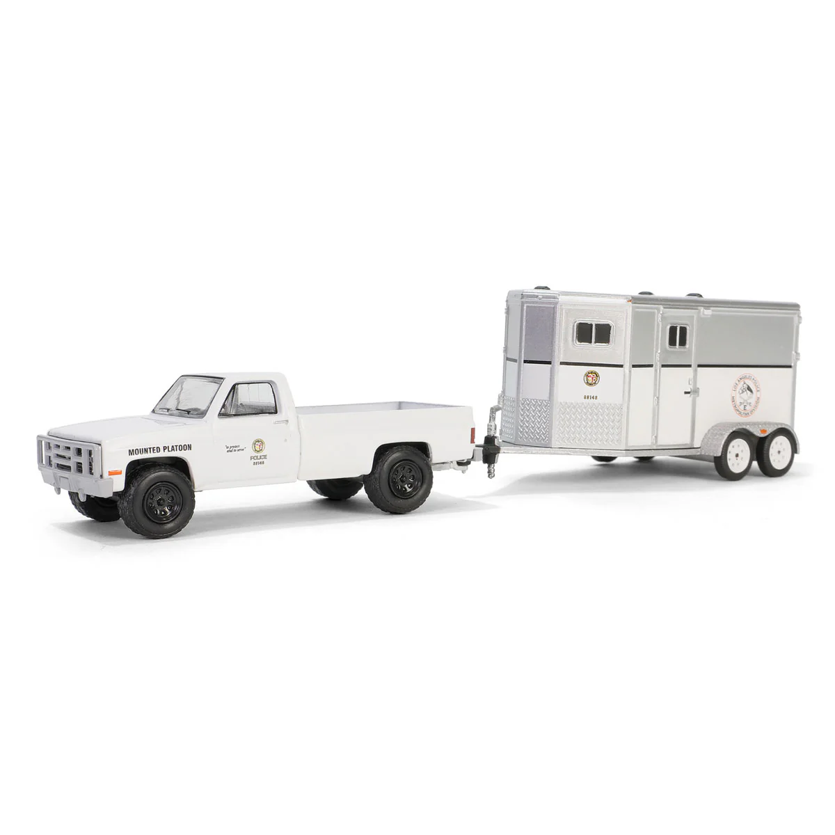 Greenlight 1/64 Hitch & Tow Series 31 - LAPD Search and Rescue - 1987 Chevrolet C20 with Mounted Platoon Horse Trailer 32310-C