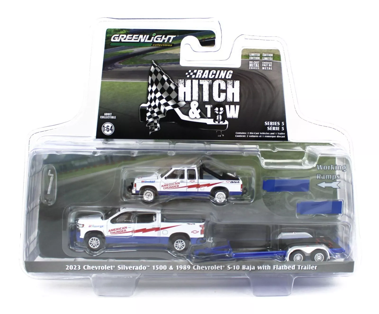 Greenlight 1/64 Racing Hitch & Tow Series 5 - American Thunder - 2023 Chevrolet Silverado 1500 and 1989 Chevrolet S10 Baja 31170-C