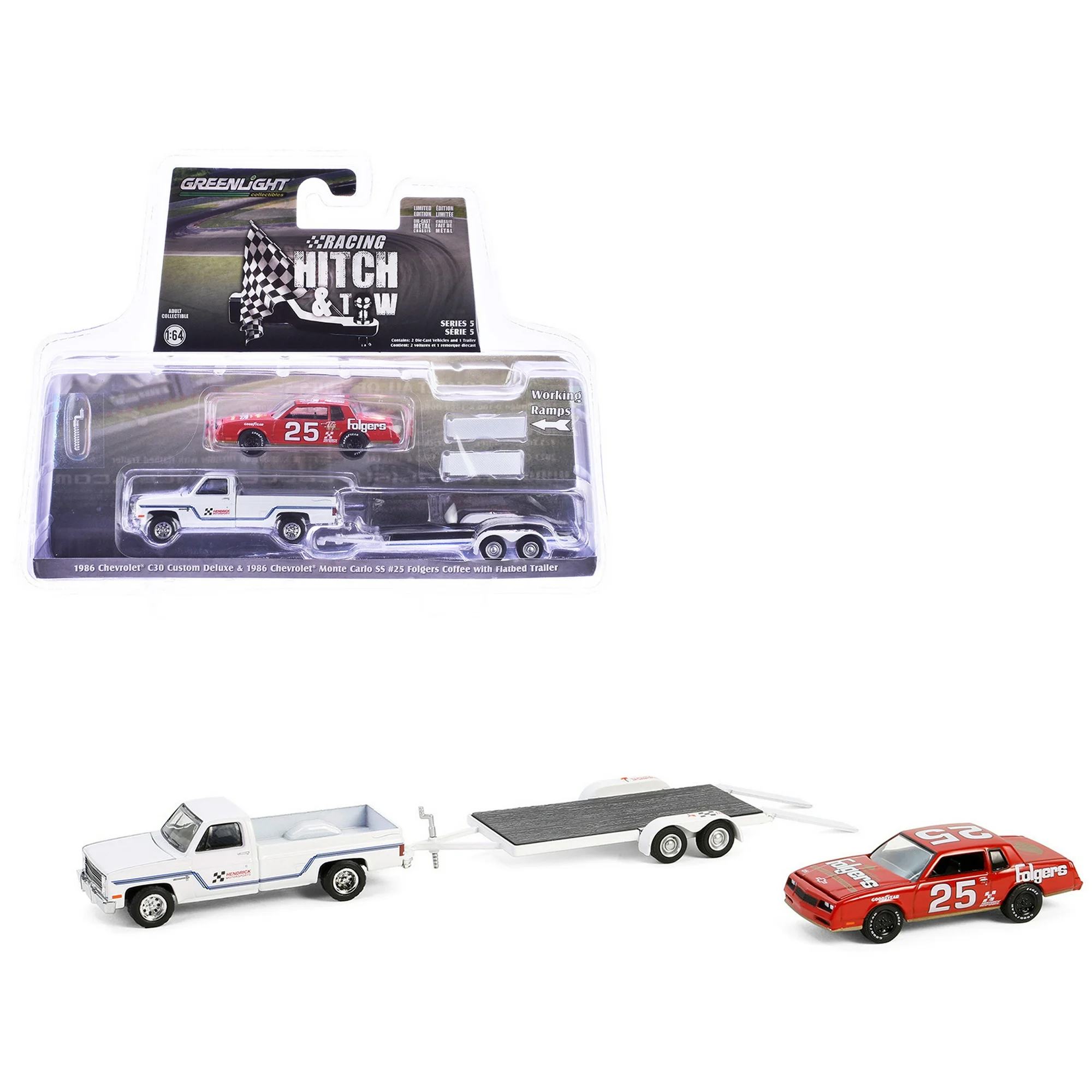 Greenlight 1/64 Racing Hitch & Tow Series 5 - Hendrick Motorsports - 1986 Chevrolet C30 Custom Deluxe and #25 Folgers Coffee 1986 Chevrolet Monte Carlo SS 31170-B