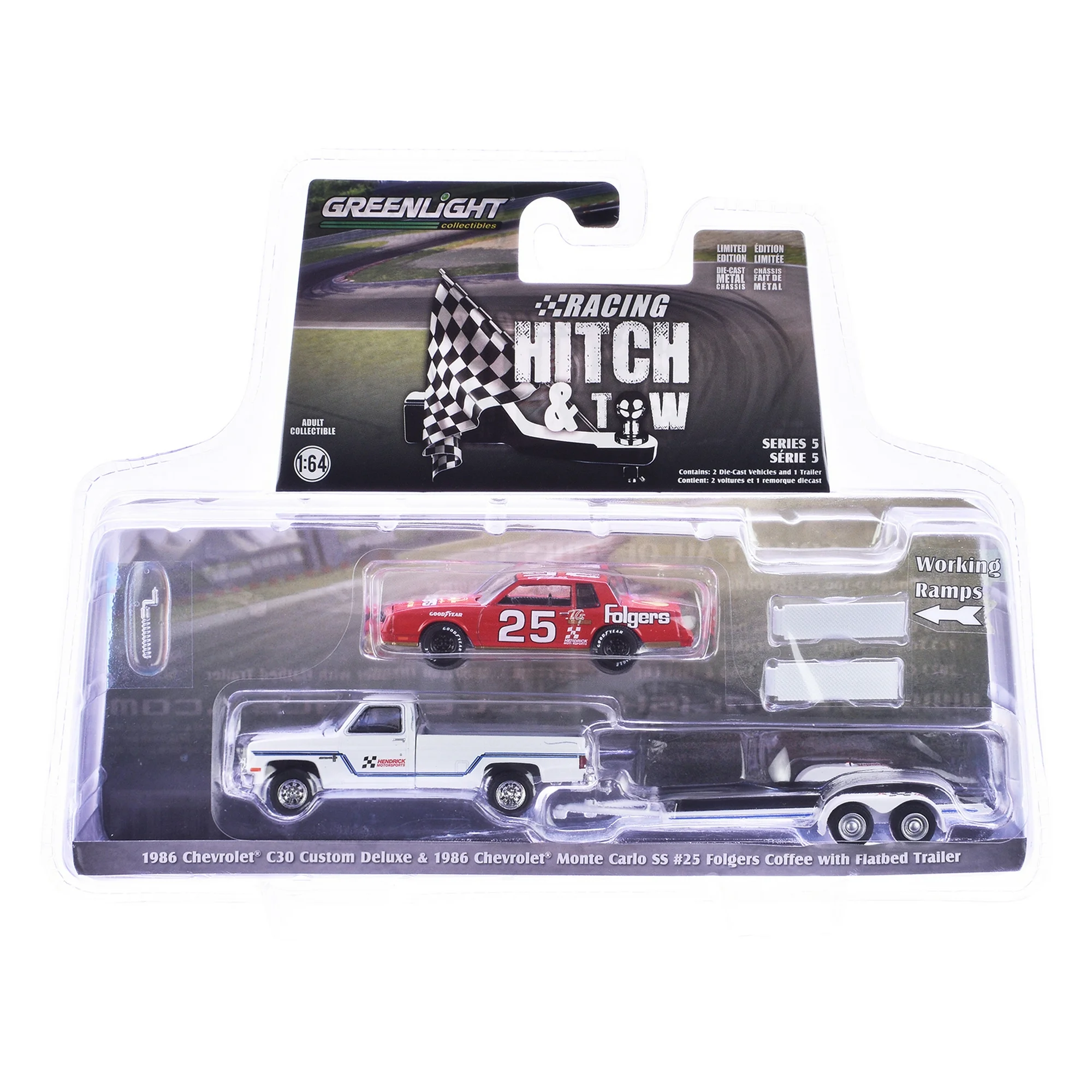 Greenlight 1/64 Racing Hitch & Tow Series 5 - Hendrick Motorsports - 1986 Chevrolet C30 Custom Deluxe and #25 Folgers Coffee 1986 Chevrolet Monte Carlo SS 31170-B