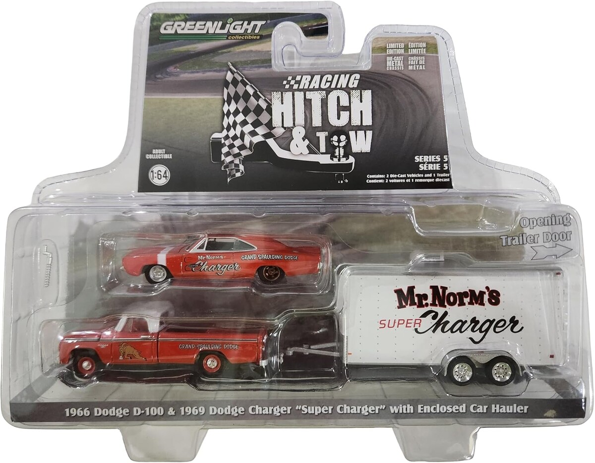 Greenlight 1/64 Racing Hitch & Tow Series 5 - Mr. Norms - 1966 Dodge D-100 and 1969 Dodge Charger 