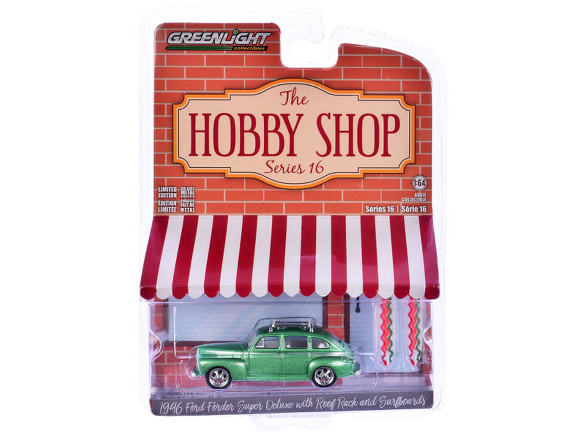 Greenlight 1/64 The Hobby Shop Series 16 - 1946 Ford Fordor Super Deluxe Green Metallic with White Interior and Roof Rack with Surfboards 97160-A