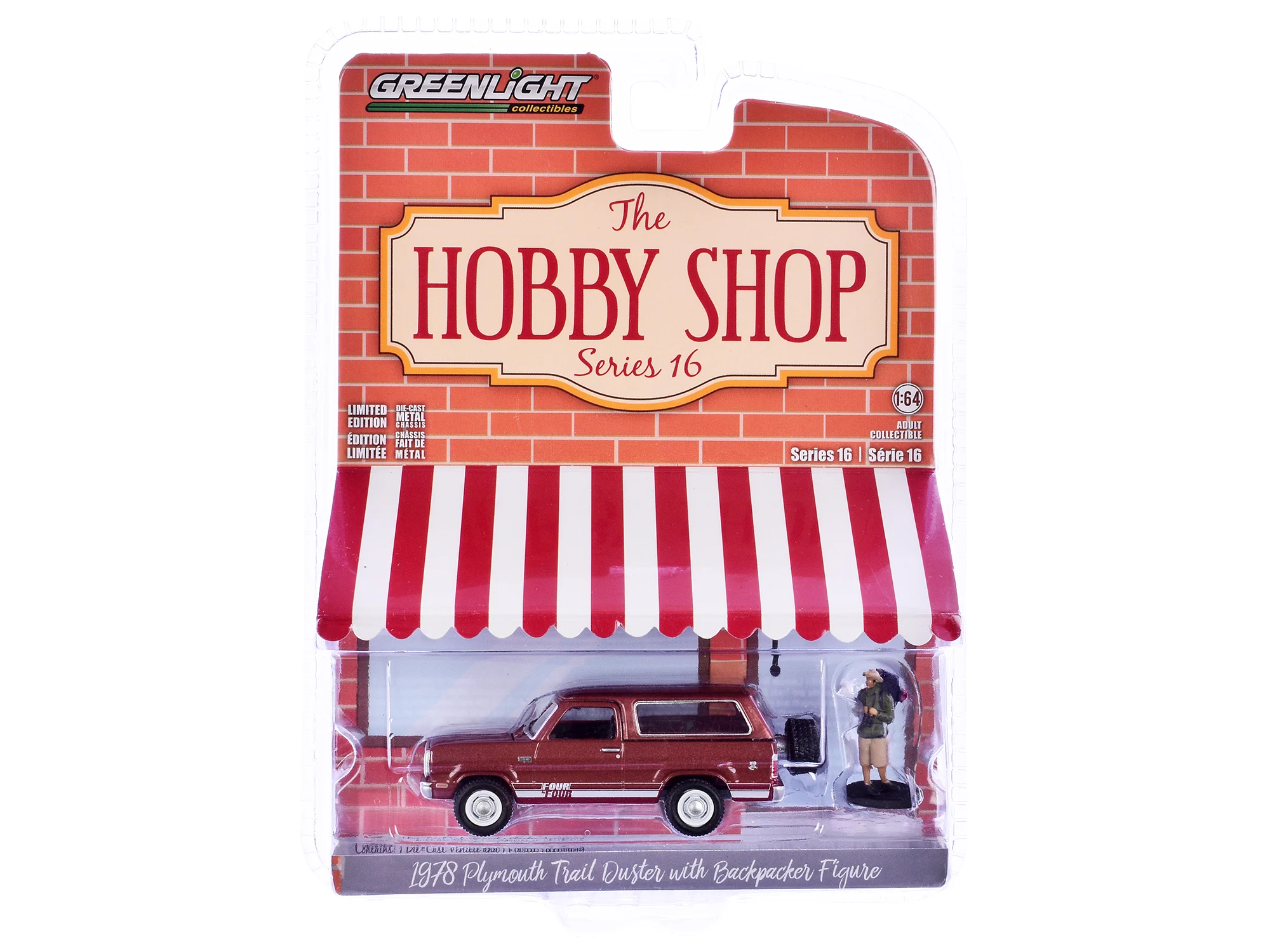 Greenlight 1/64 The Hobby Shop Series 16- 1978 Plymouth Trail Duster wiht Backpacker Figure 97160-C