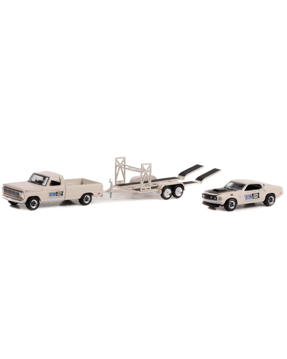 Greenlight Racing Hitch & Tow Series 4 - 1969 Ford and 1969 Ford Mustang Boss 429 - Nelson Ekdahl Ford on Tandem Car Trailer Solid Pack 31140-B
