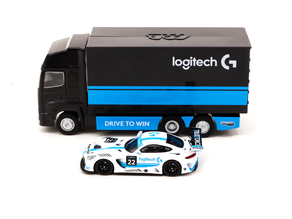 Tarmac Works Mercedes-AMG GT3 Logitech G Race with Plastic Truck Packaging - Logitech Special Edition - HOBBY64