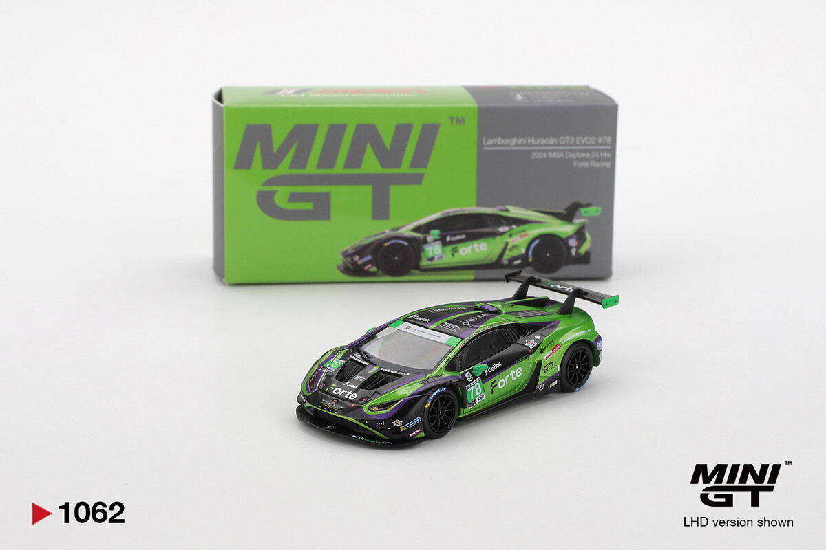 Mini GT 1/64 Lamborghini Huracán GT3 EVO2 #78 Forte Racing 2024 IMSA Daytona 24 Hrs MGT01062 - Thumbnail
