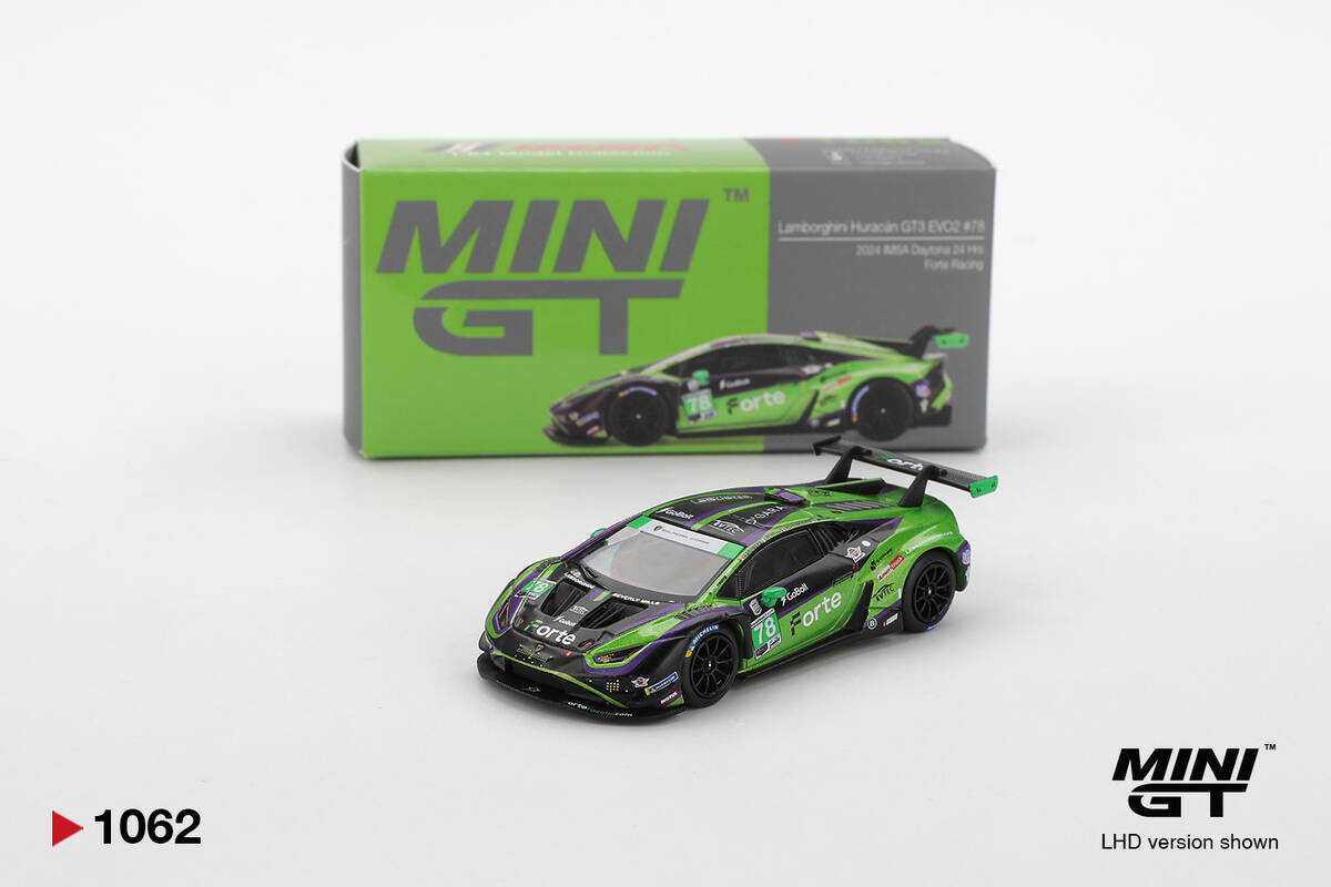 Mini GT 1/64 Lamborghini Huracán GT3 EVO2 #78 Forte Racing 2024 IMSA Daytona 24 Hrs MGT01062