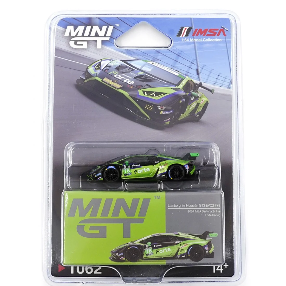 Mini GT 1/64 Lamborghini Huracán GT3 EVO2 Forte Racing 2024 IMSA Daytona 24 Hrs - Blister Paket MGT01062-BL - Thumbnail
