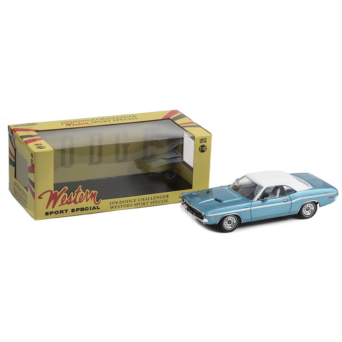 Greenlight 1/18 1970 Dodge Challenger - Western Sport Special - Light Blue Poly with Vinyl Roof and White Interior 13644 - Thumbnail
