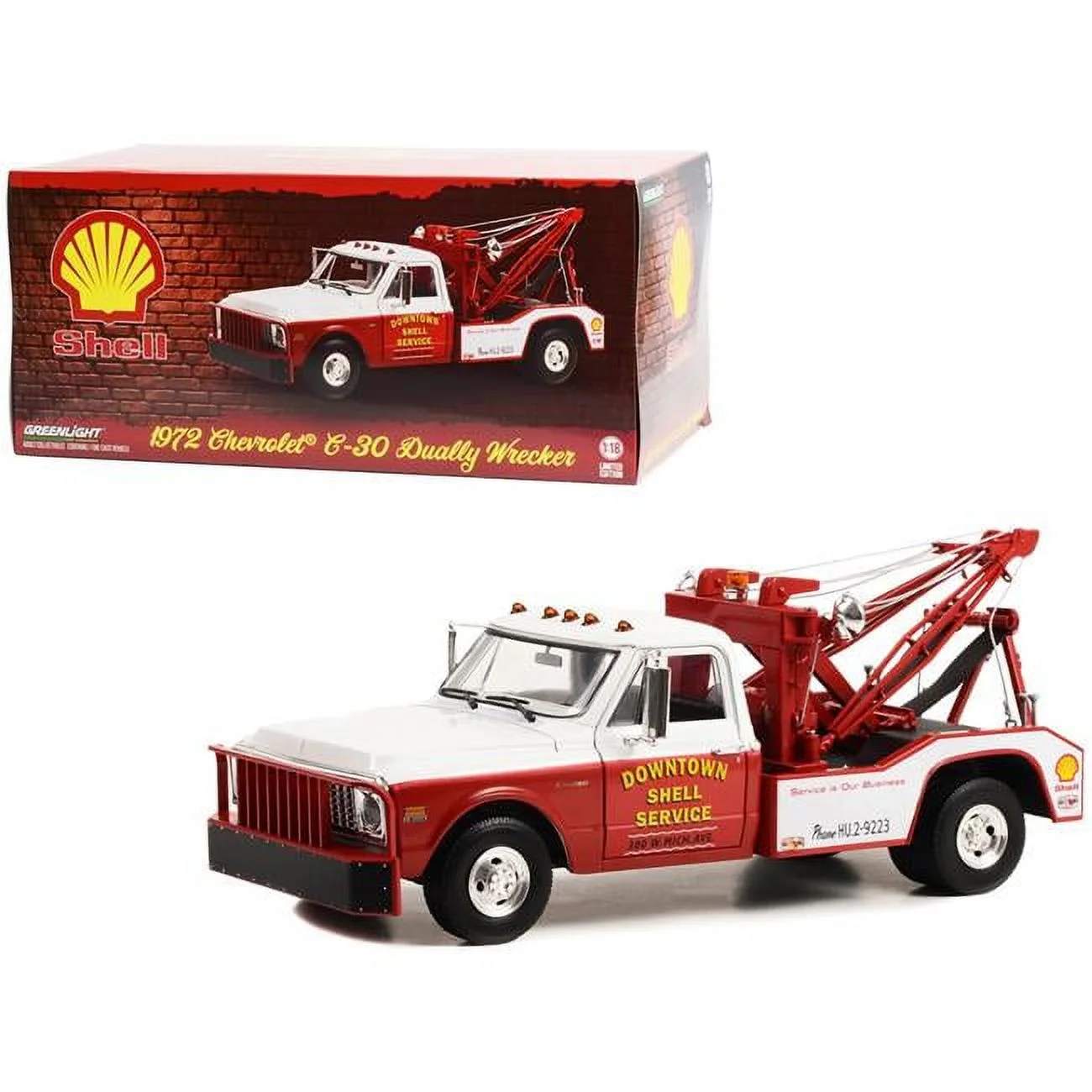 Greenlight 1/18 1972 Chevrolet C-30 Dually Wrecker - Downtown Shell Service “Service is Our Business” 13654