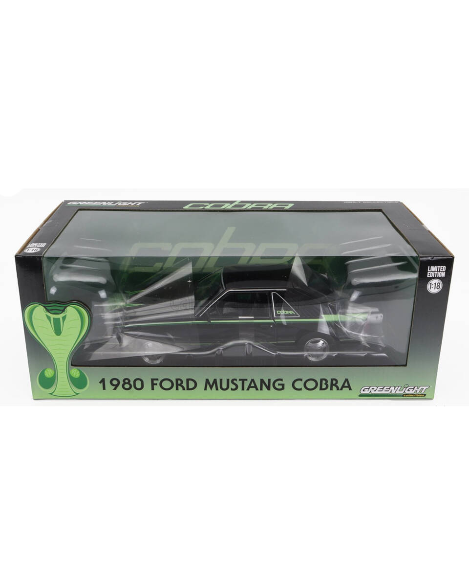 Greenlight 1/18 1980 Ford Mustang Cobra - Black with Green Cobra Hood Graphics and Stripe Treatment 13603