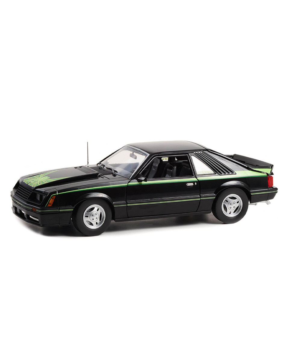 Greenlight 1/18 1980 Ford Mustang Cobra - Black with Green Cobra Hood Graphics and Stripe Treatment 13603 - Thumbnail