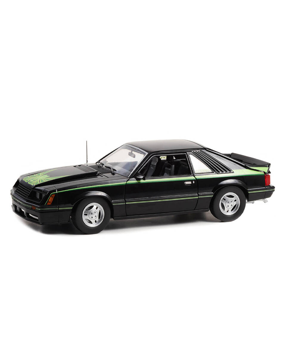 Greenlight 1/18 1980 Ford Mustang Cobra - Black with Green Cobra Hood Graphics and Stripe Treatment 13603