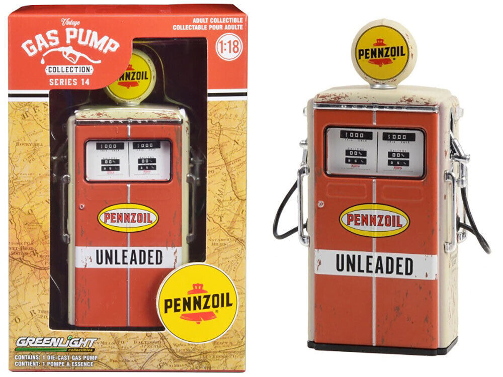 Greenlight 1/18 Vintage Gas Pumps Series 14 - 1954 Tokheim 350 Twin Gas Pump Pennzoil Unleaded (Weathered) Solid Pack 14140-C - Thumbnail