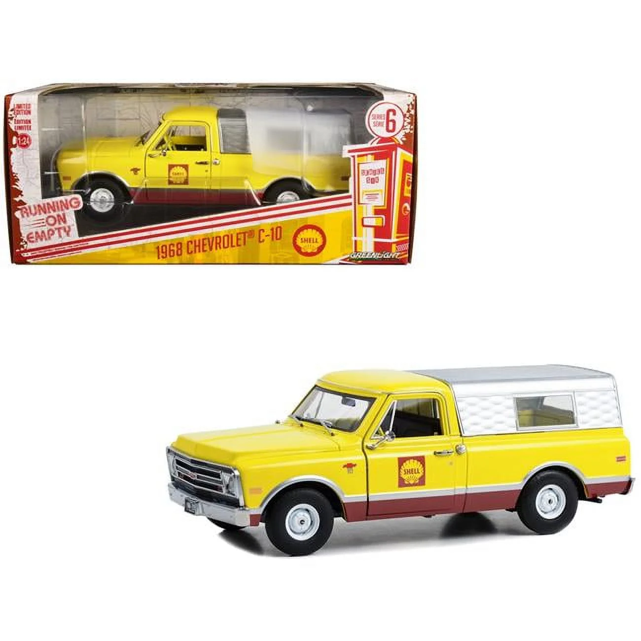 Greenlight 1/24 Running on Empty Series 6- 1968 Chevrolet C-10 with Camper Shell - Shell Oil 85070-B - Thumbnail