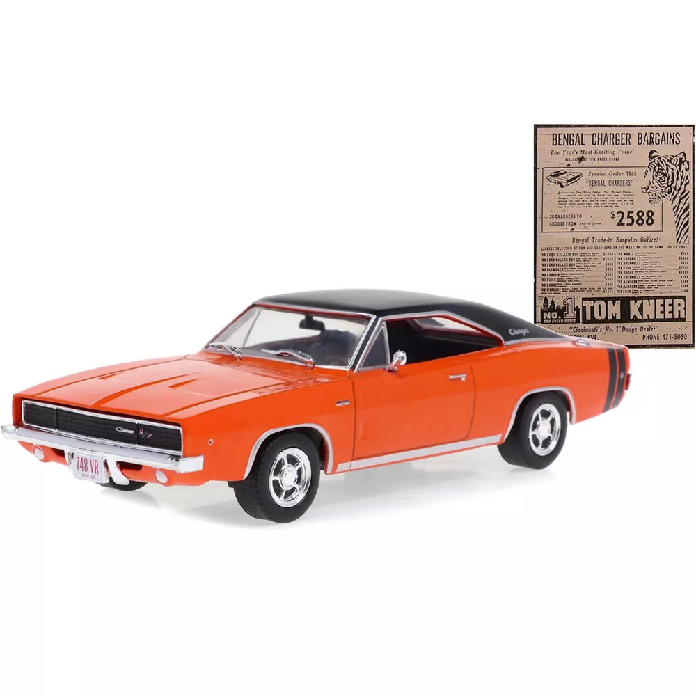 Greenlight 1:43 1968 Dodge Bengal Charger R/T - Orange with Black Stripes - Tom Kneer Dodge, Cincinnati, Ohio - 1 of 50 Produced 86354 - Thumbnail