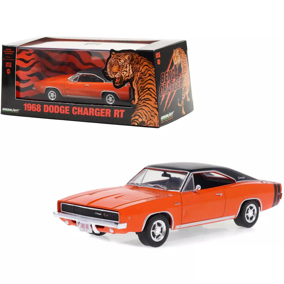 Greenlight 1:43 1968 Dodge Bengal Charger R/T - Orange with Black Stripes - Tom Kneer Dodge, Cincinnati, Ohio - 1 of 50 Produced 86354 - Thumbnail