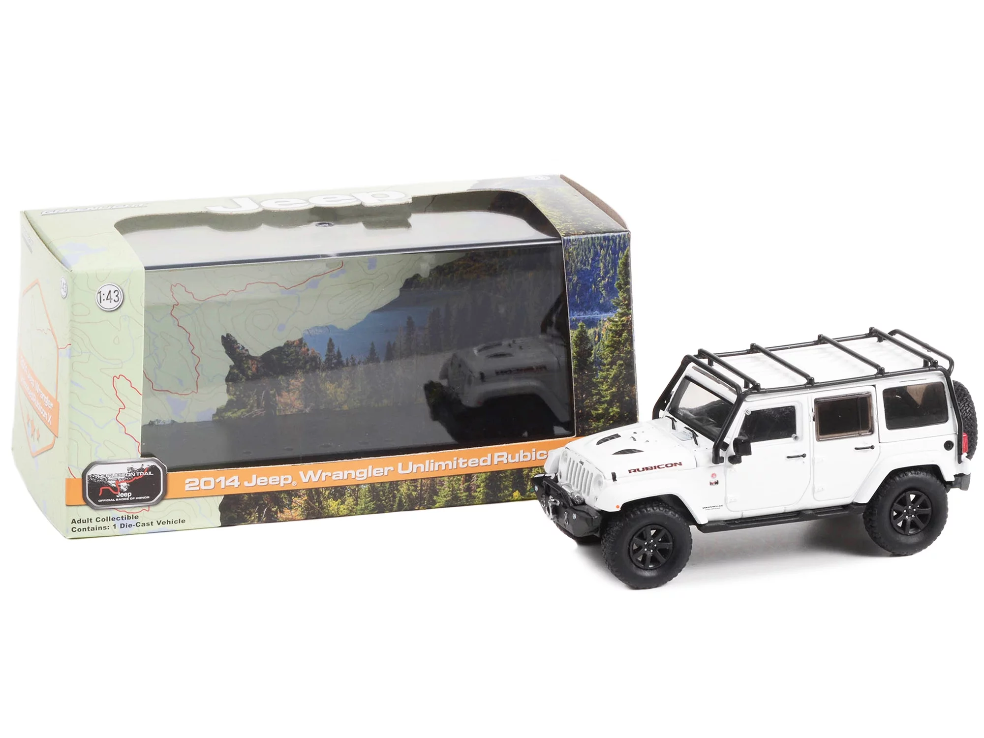 Greenlight 1:43 2014 Jeep Wrangler Unlimited Rubicon X with Off-Road Parts - Jeep Official Badge of Honor - The Rubicon Trail, Lake Tahoe, California - Bright White 86197