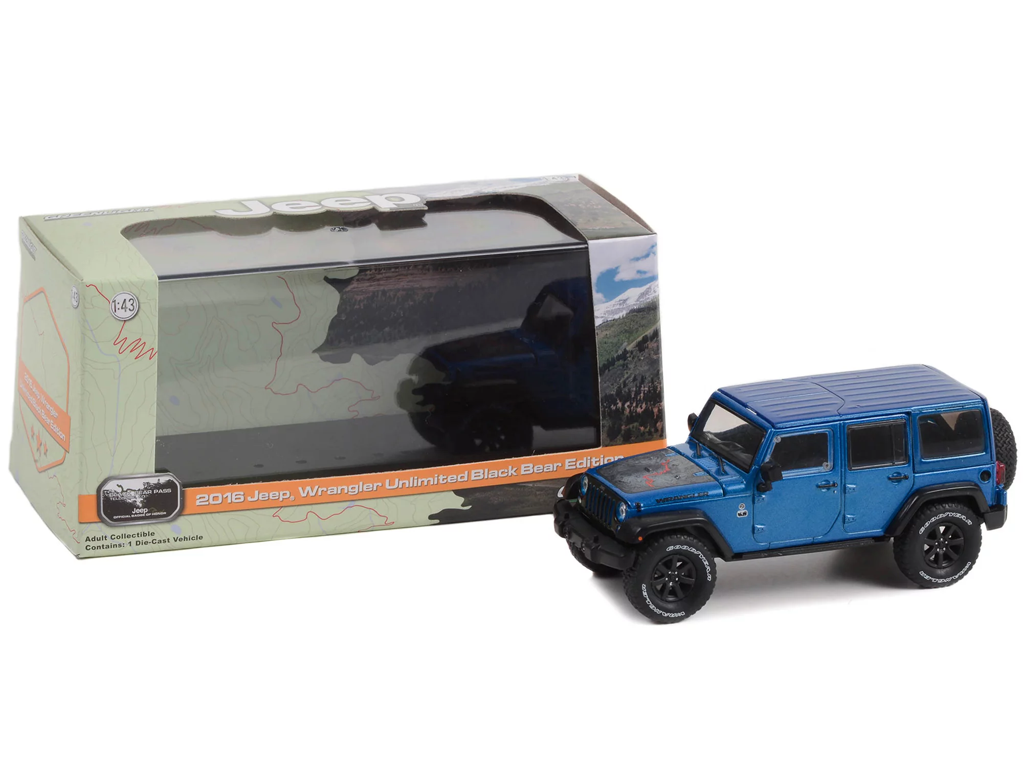 Greenlight 1:43 2016 Jeep Wrangler Unlimited Black Bear Edition - Jeep Official Badge of Honor - Black Bear Pass, Telluride, Colorado - Hydro Blue Pearl 86198 - Thumbnail