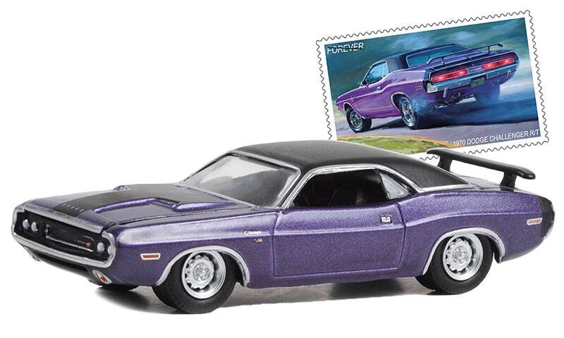 Greenlight 1/64 1970 Dodge Challenger R/T - United States Postal Service (USPS): 2022 Pony Car Stamp Collection by Artist Tom Fritz 30374
