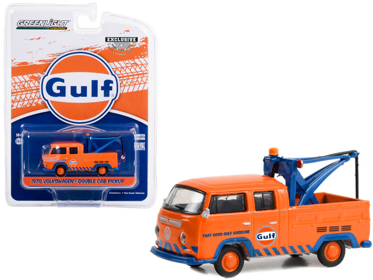 Greenlight 1/64 1970 Volkswagen Double Cab Pickup With Drop in Tow Hook - Gulf Oil 'That Good Gulf Gasoline' 30412 - Thumbnail