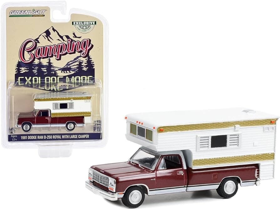 Greenlight 1/64 1981 Dodge Ram D-250 Royal with Large Camper - Medium Crimson Red and Pearl White 30409 - Thumbnail
