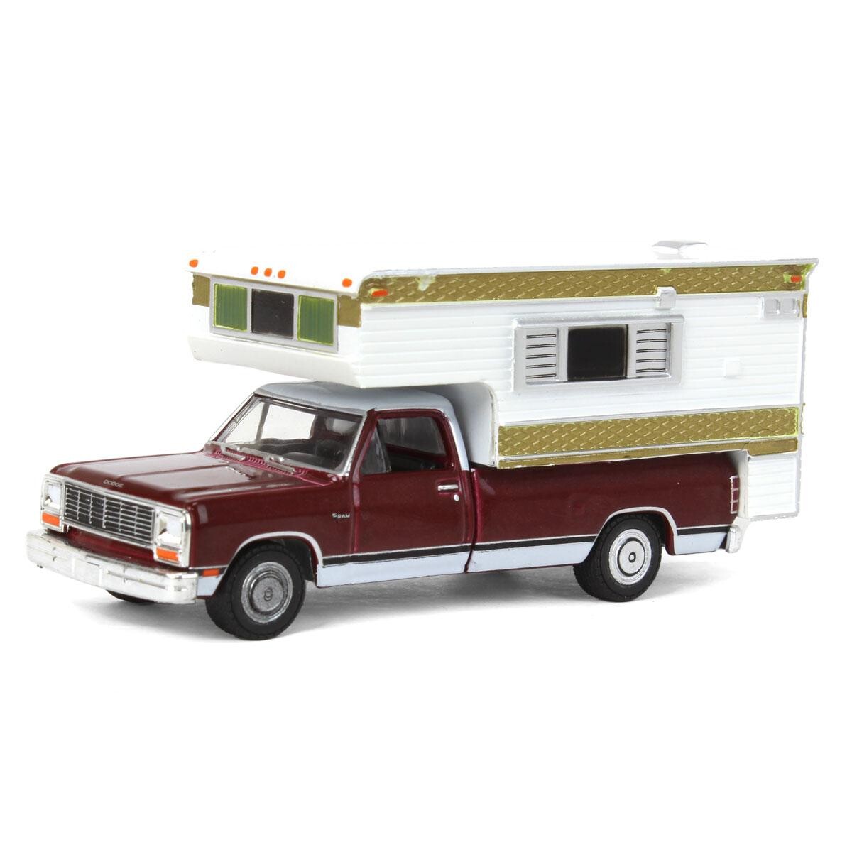 Greenlight 1/64 1981 Dodge Ram D-250 Royal with Large Camper - Medium Crimson Red and Pearl White 30409 - Thumbnail