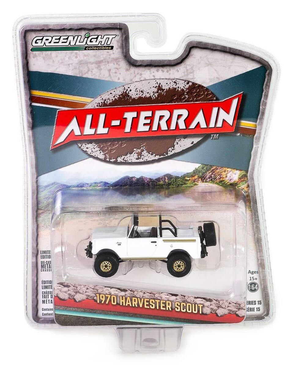 Greenlight 1/64 All-Terrain Series 15- 1970 Harvester Scout Lifted with Off-Road Parts - White and Gold 35270-B